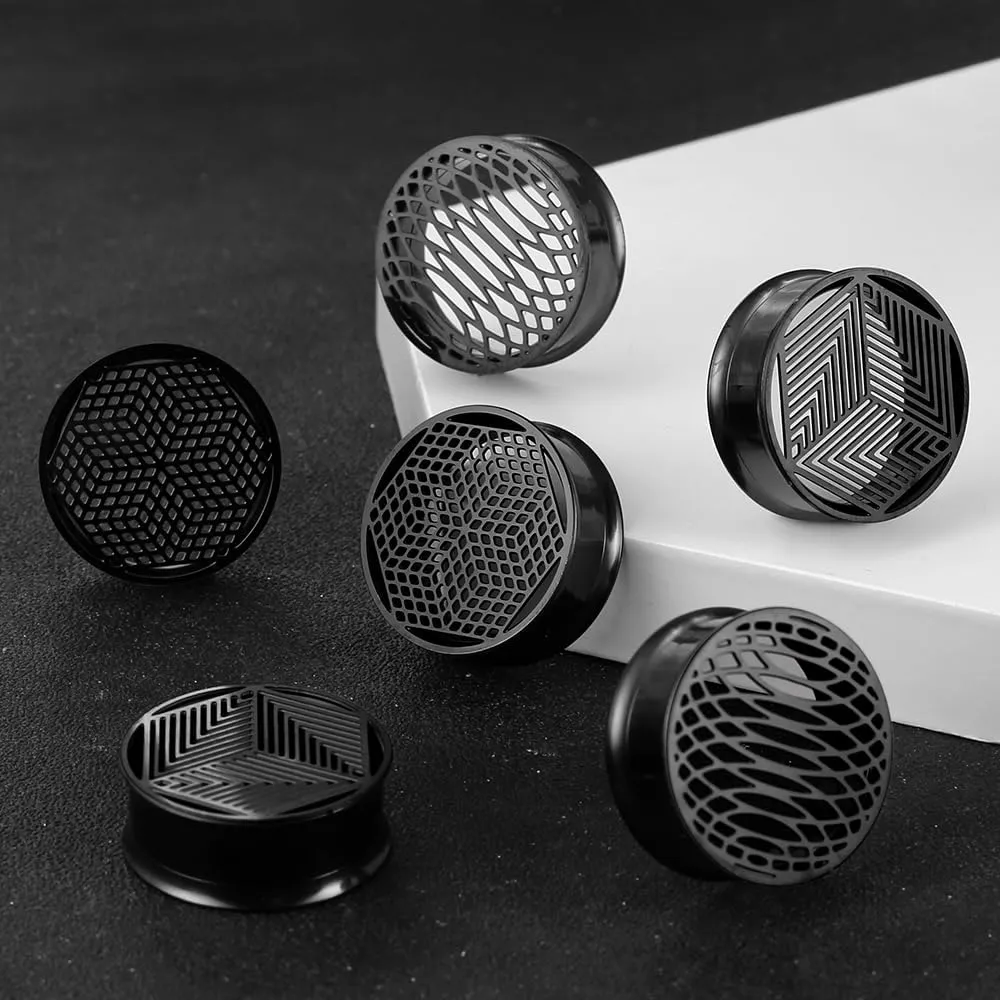3 Pairs Black gauges plane geometry pattern Ear Tunnels Plugs 316 Stainless Steel Ear Weight Plugs Hypoallergenic expander Piercing Body Jewelry