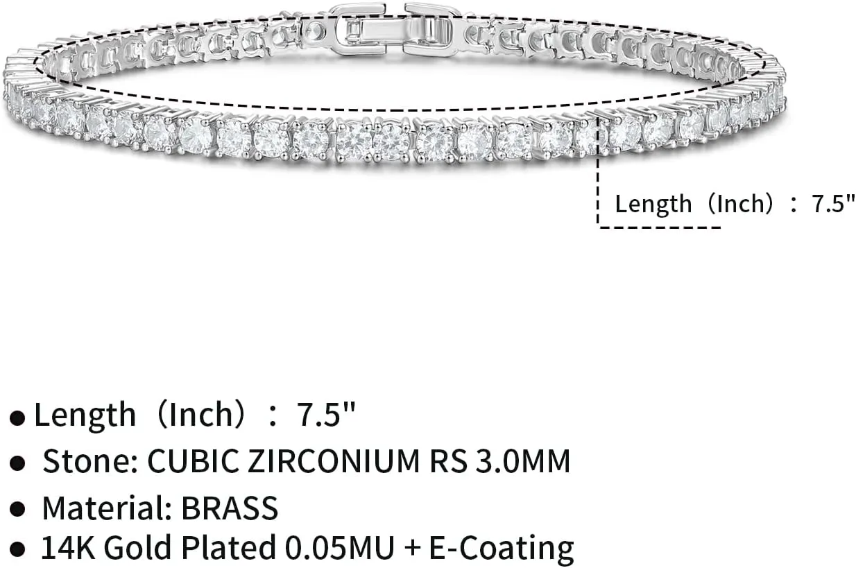 3MM Cubic Zirconia Tennis Bracelet for Women CZ Bracelets Sizes 6.5 7.5 Inches