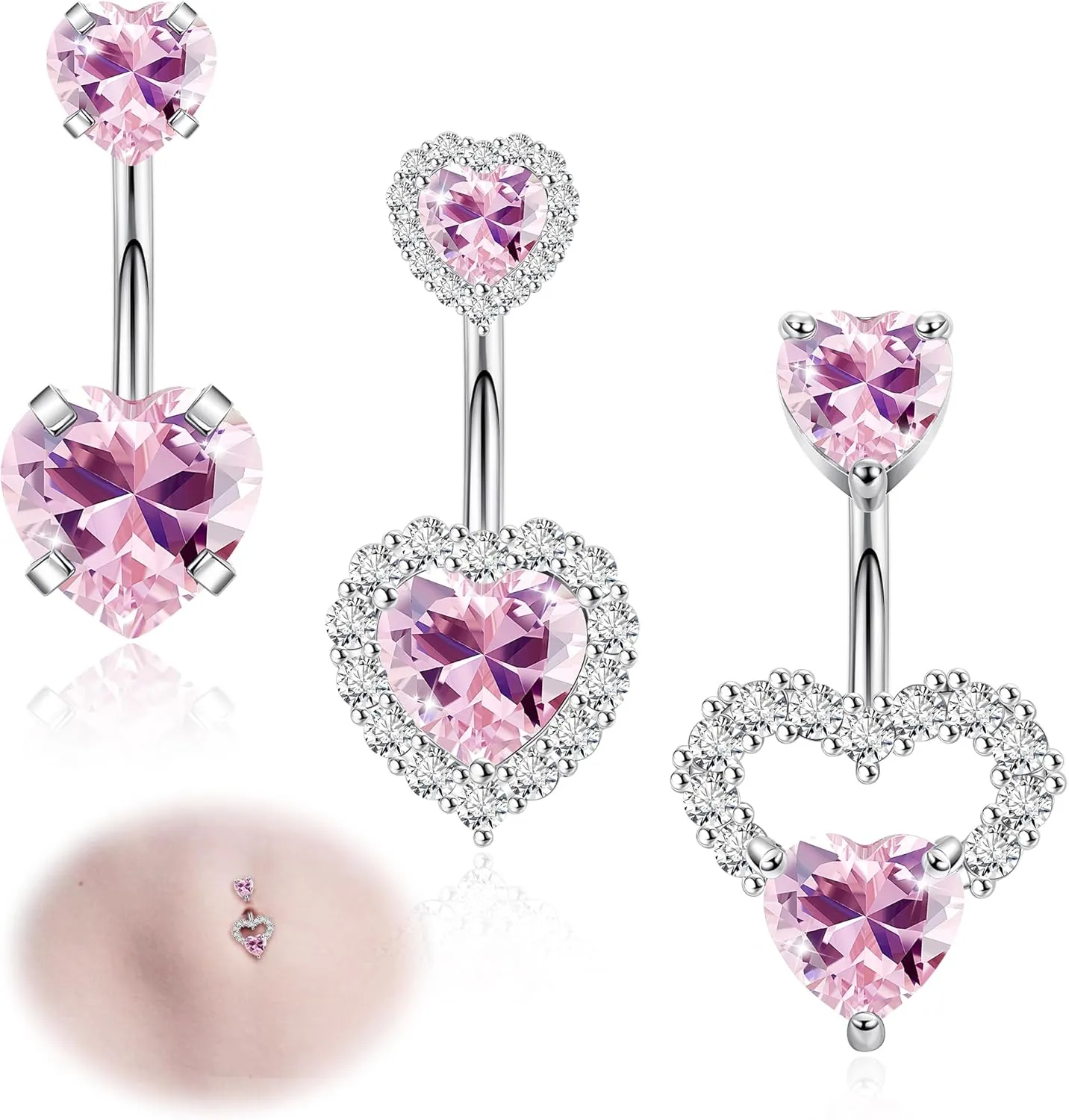 3PCS 14G 316L Stainless Steel Belly Button Rings for Women Cute Double Heart Belly Rings Pink CZ Navel Piercing Jewelry
