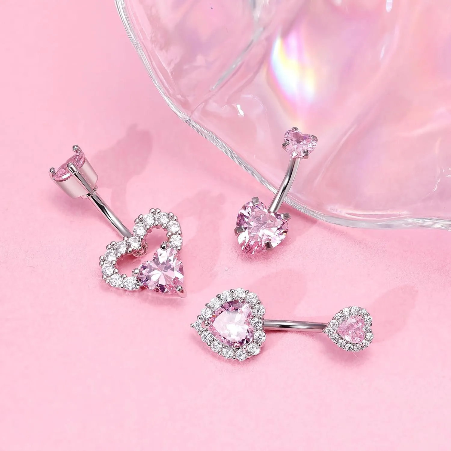 3PCS 14G 316L Stainless Steel Belly Button Rings for Women Cute Double Heart Belly Rings Pink CZ Navel Piercing Jewelry