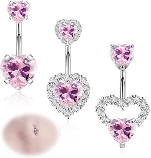 3PCS 14G 316L Stainless Steel Belly Button Rings for Women Cute Double Heart Belly Rings Pink CZ Navel Piercing Jewelry