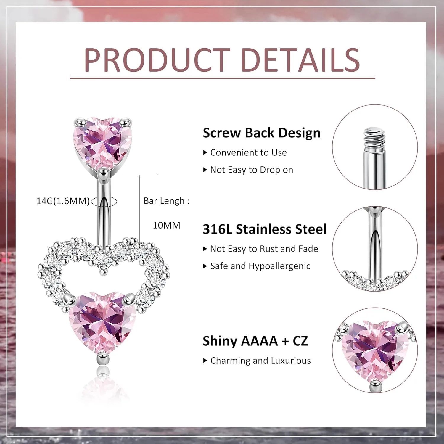 3PCS 14G 316L Stainless Steel Belly Button Rings for Women Cute Double Heart Belly Rings Pink CZ Navel Piercing Jewelry