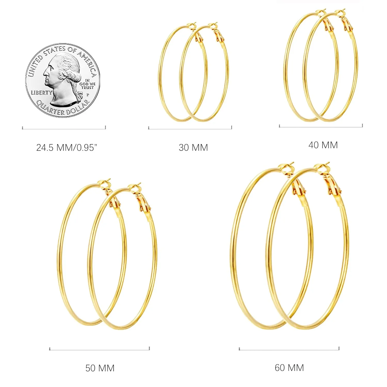 4 Pairs 925 Silver Plated Hoop Earrings For Women, Lightweight Circle Huggie Hypoallergenic Dangle Earrings 30mm/40mm/50mm/60mm Hoop Earrings Set Non Tarnish For Women Daily Life Set (4P Gold)