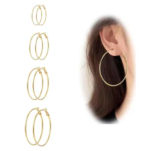 4 Pairs 925 Silver Plated Hoop Earrings For Women, Lightweight Circle Huggie Hypoallergenic Dangle Earrings 30mm/40mm/50mm/60mm Hoop Earrings Set Non Tarnish For Women Daily Life Set (4P Gold)