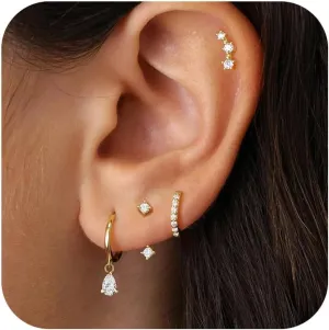 4 Pairs Gold Huggie Hoop Earring Set for Women, Dainty 14k Gold Plated Stud 925 Sterling Silver Post for Multiple Piercing, Trendy Hypoallergenic Small Dangle Earring Stacks for Sensitive Ears Jewelry Jacket Pack Gifts