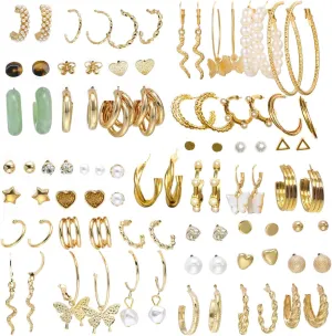 44 Pairs Gold Hoop Earrings Pack for Women, Hypoallergenic Chunky Twisted Chain Link Pearl Stud Earrings Bulk, Fashion Vacation Earrings for Women, Jewelry Earring for Birthday Valentine's Day Gift