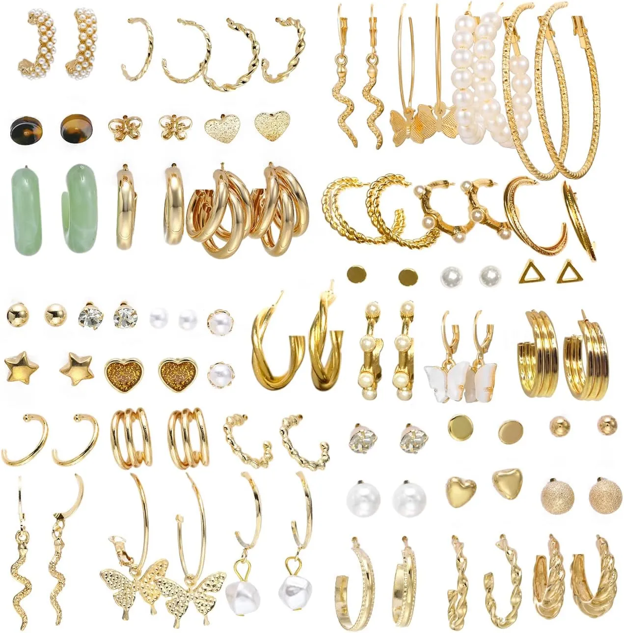 44 Pairs Gold Hoop Earrings Pack for Women, Hypoallergenic Chunky Twisted Chain Link Pearl Stud Earrings Bulk, Fashion Vacation Earrings for Women, Jewelry Earring for Birthday Valentine's Day Gift