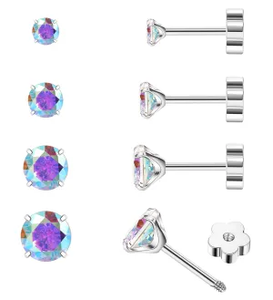 4Pairs AB CZ Earrings Studs 14K Gold Flat Back Cubic Zirconia Earrings for Helix Cartilage Piercing Hypoallergenic Screw Back Nap Earrings Handmade Earrings for Women Multiple Pierc Silver2-5