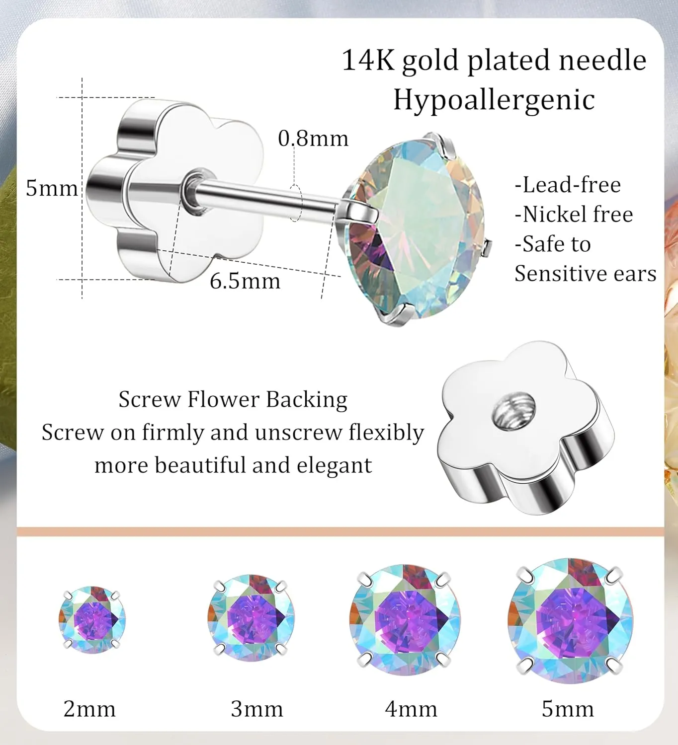 4Pairs AB CZ Earrings Studs 14K Gold Flat Back Cubic Zirconia Earrings for Helix Cartilage Piercing Hypoallergenic Screw Back Nap Earrings Handmade Earrings for Women Multiple Pierc Silver2-5