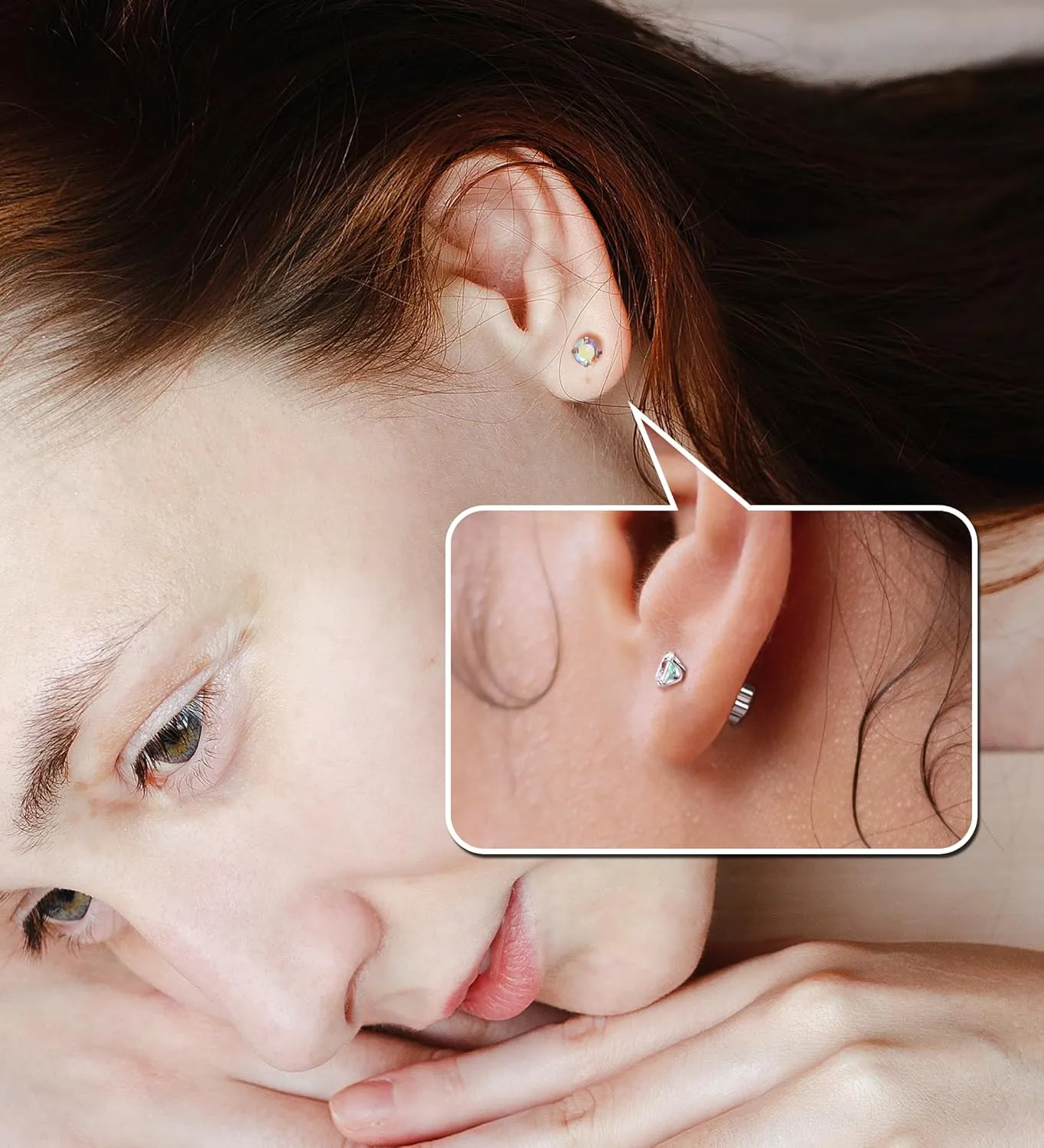 4Pairs AB CZ Earrings Studs 14K Gold Flat Back Cubic Zirconia Earrings for Helix Cartilage Piercing Hypoallergenic Screw Back Nap Earrings Handmade Earrings for Women Multiple Pierc Silver2-5