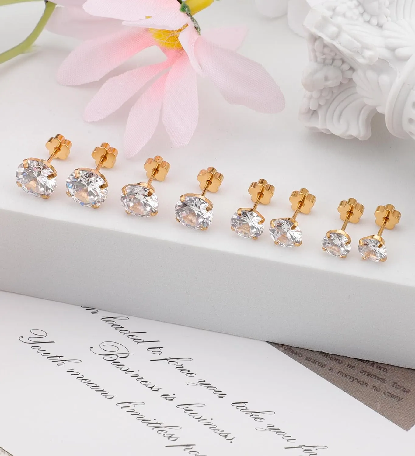 4Pairs Cubic Zirconia Earrings Studs Flat Back Earrings for Women 14K Gold CZ Flatback Stud Earrings Hypoallergenic Cartilage Nap Earrings Screw Back Handmade Helix Earrings Piercing G6-9mm