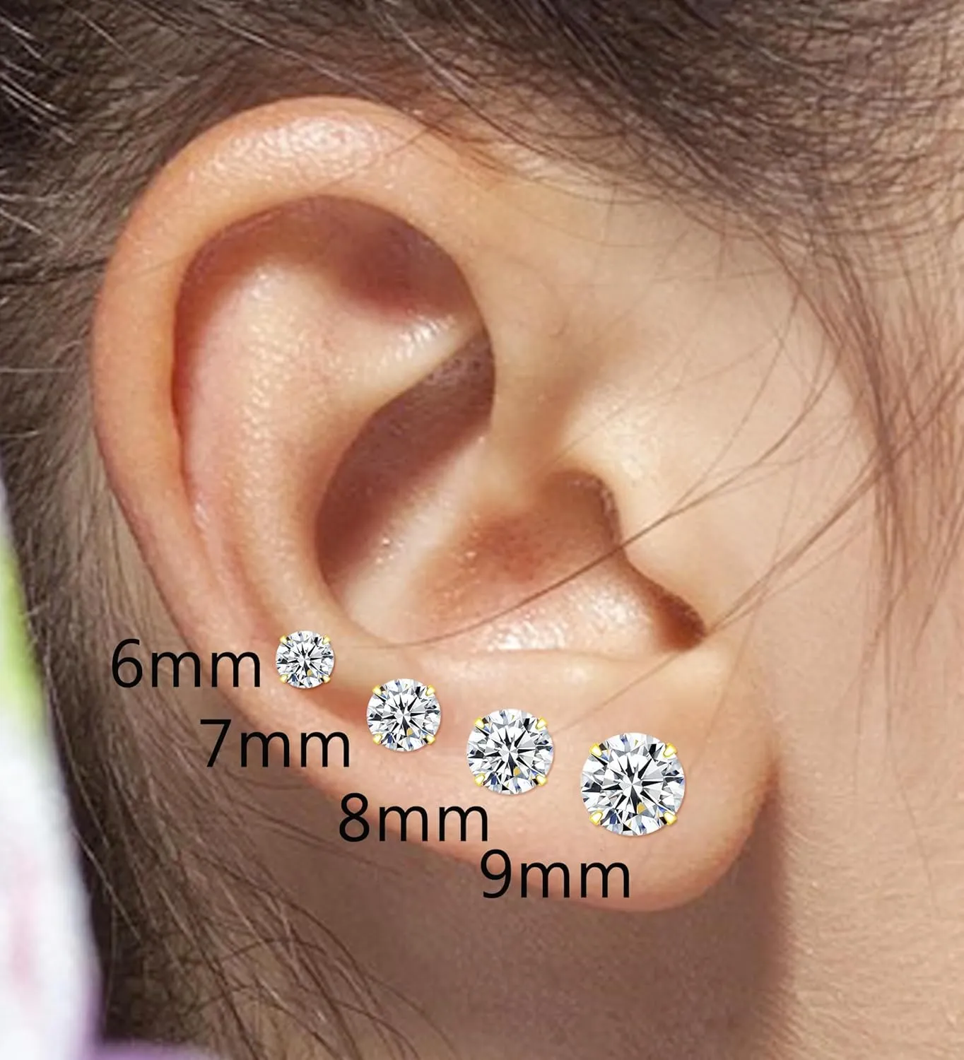 4Pairs Cubic Zirconia Earrings Studs Flat Back Earrings for Women 14K Gold CZ Flatback Stud Earrings Hypoallergenic Cartilage Nap Earrings Screw Back Handmade Helix Earrings Piercing G6-9mm