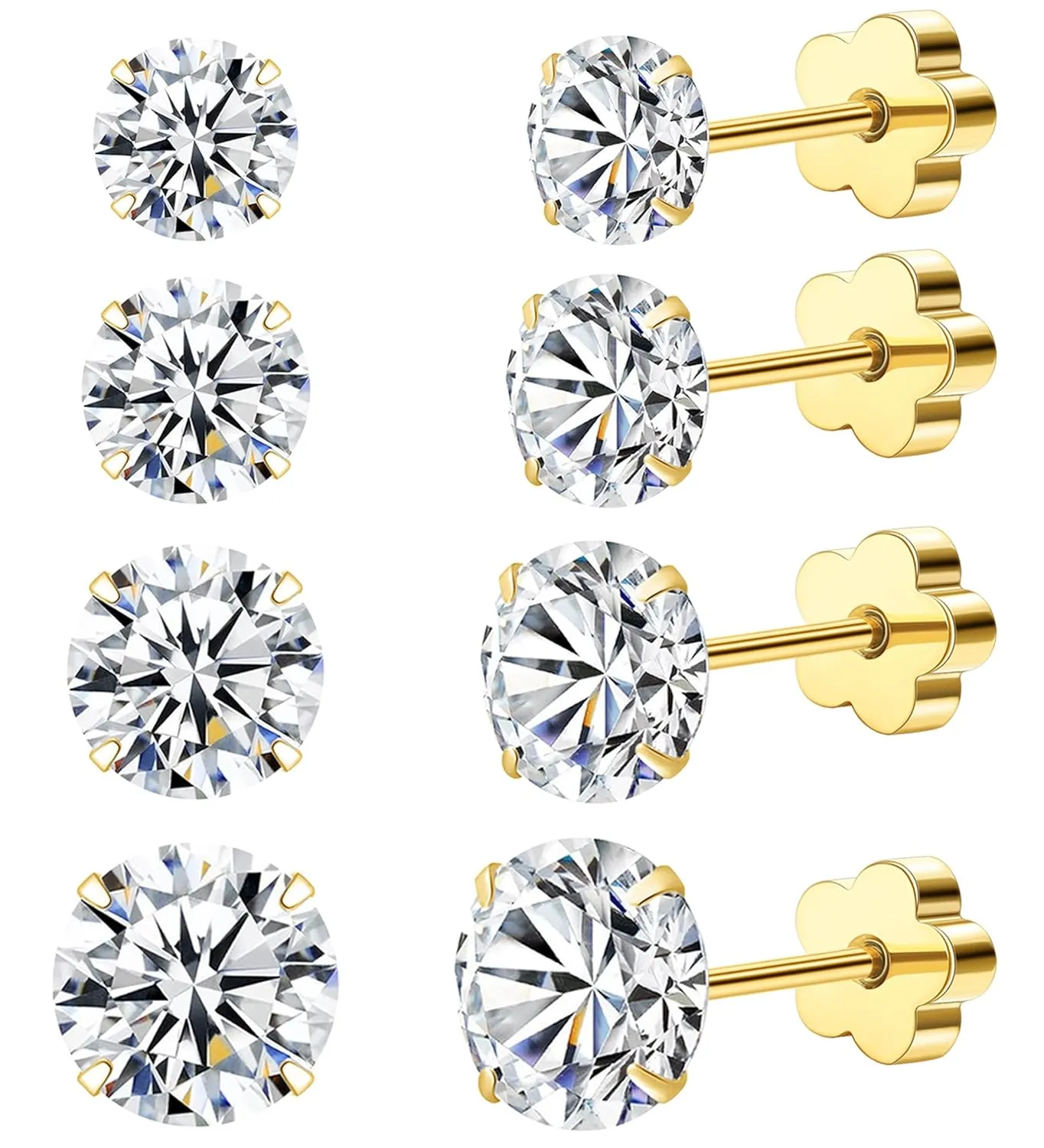 4Pairs Cubic Zirconia Earrings Studs Flat Back Earrings for Women 14K Gold CZ Flatback Stud Earrings Hypoallergenic Cartilage Nap Earrings Screw Back Handmade Helix Earrings Piercing G6-9mm
