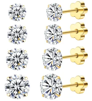 4Pairs Cubic Zirconia Earrings Studs Flat Back Earrings for Women 14K Gold CZ Flatback Stud Earrings Hypoallergenic Cartilage Nap Earrings Screw Back Handmade Helix Earrings Piercing G6-9mm