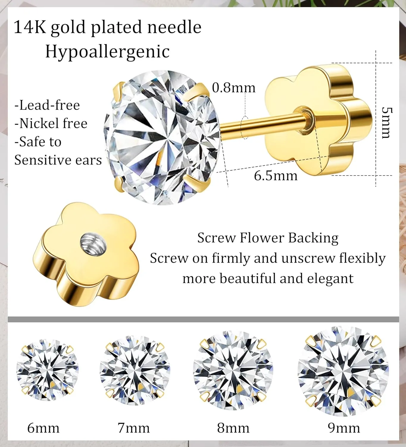 4Pairs Cubic Zirconia Earrings Studs Flat Back Earrings for Women 14K Gold CZ Flatback Stud Earrings Hypoallergenic Cartilage Nap Earrings Screw Back Handmade Helix Earrings Piercing G6-9mm