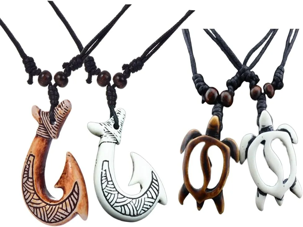 4Pcs Turtle Shark Tooth Necklace Pendant Bohemian Handmade Waterproof Surfer Necklace for Women Men Summer Beach Jewelry Gift