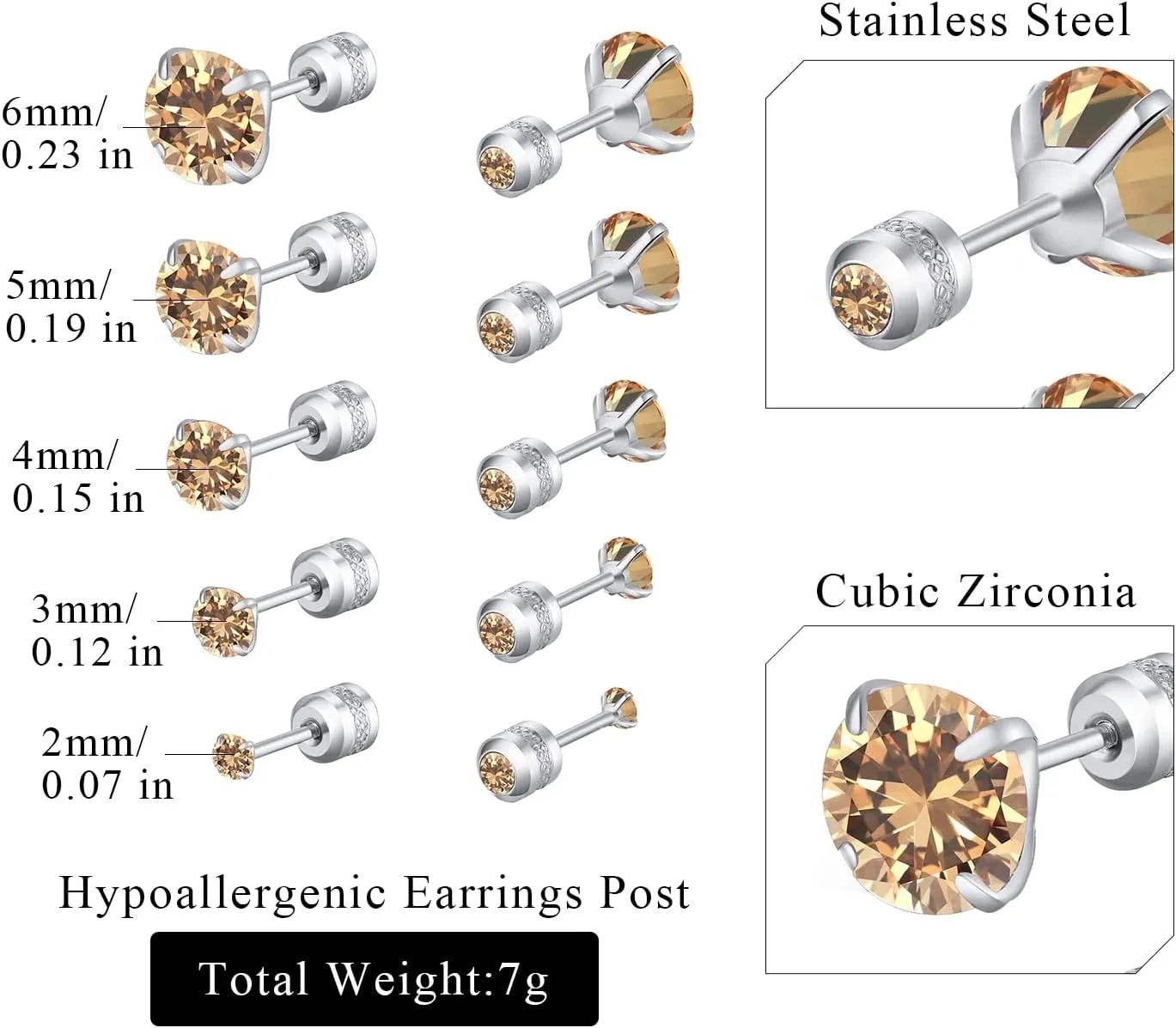5 Pairs Stud Earrings Colorful Cubic Zirconia Stainless Steel Stud Earring Hypoallergenic Screw Back Earrings Double Side Piercing Earrings Gifts for Women Mother's Day