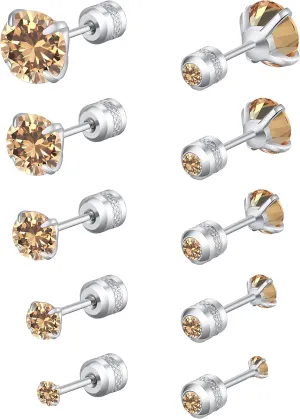 5 Pairs Stud Earrings Colorful Cubic Zirconia Stainless Steel Stud Earring Hypoallergenic Screw Back Earrings Double Side Piercing Earrings Gifts for Women Mother's Day