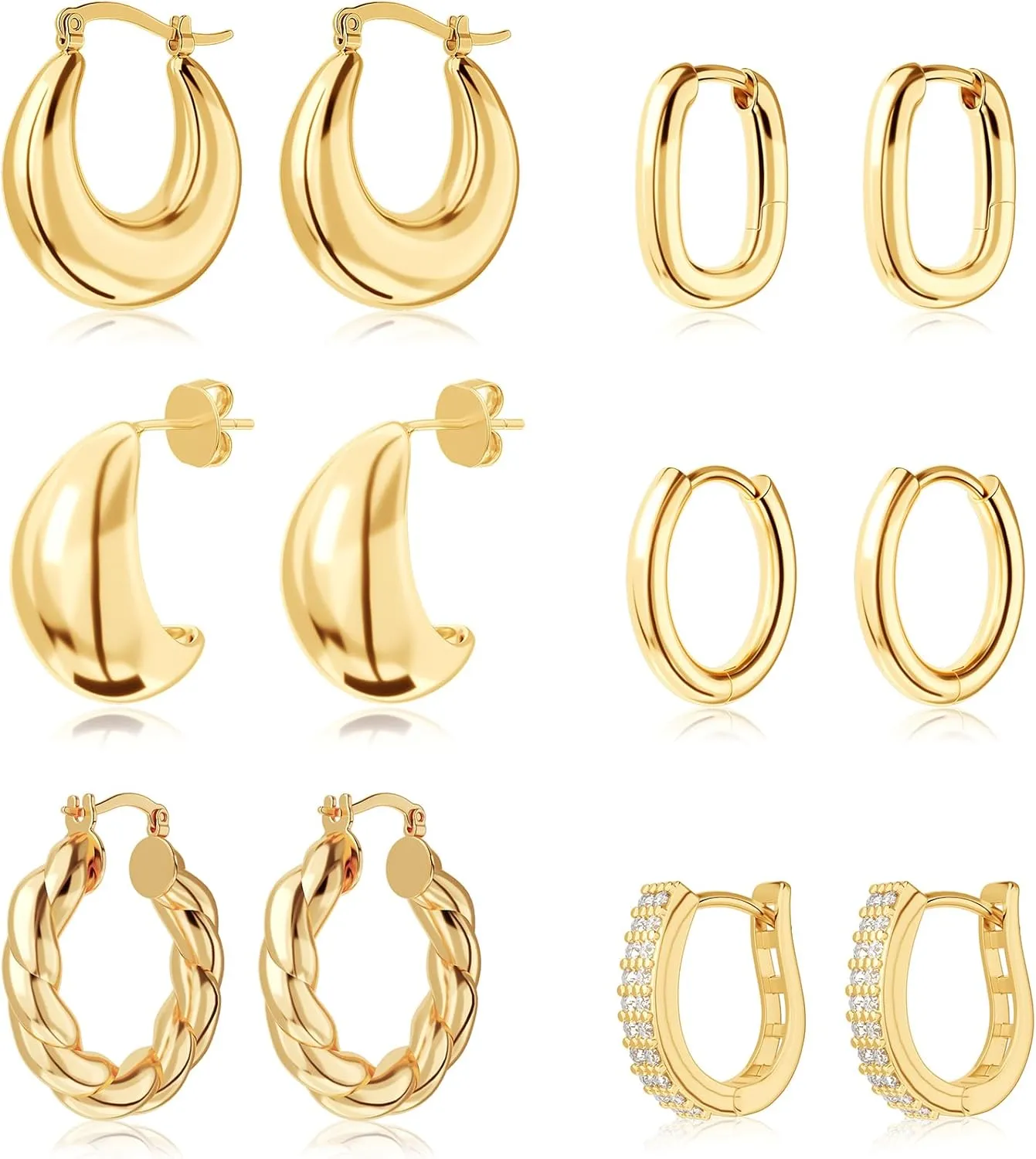 6 Pairs 18K Chunky Gold Hoop Earrings for Women, Lightweight Thick Hoop EarringsTwist Huggie Hoop Earring, Hypoallergenic, Everyday Earrings, Multiple Sets Jewelry for Gifts