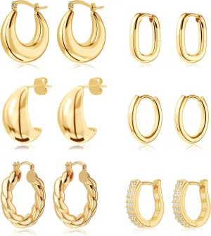 6 Pairs 18K Chunky Gold Hoop Earrings for Women, Lightweight Thick Hoop EarringsTwist Huggie Hoop Earring, Hypoallergenic, Everyday Earrings, Multiple Sets Jewelry for Gifts