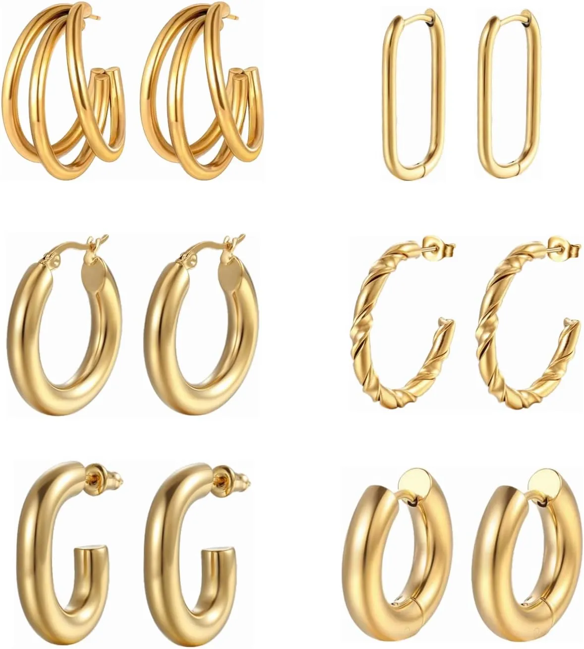 6 Pairs Gold Hoop Earrings for Women,14K Yellow Gold Plated Curved Chunky C Hoop Earrings for Girls,Friendship Birthday Jewelry Gifts