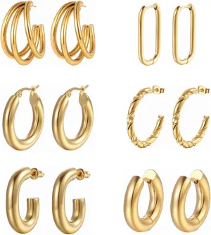 6 Pairs Gold Hoop Earrings for Women,14K Yellow Gold Plated Curved Chunky C Hoop Earrings for Girls,Friendship Birthday Jewelry Gifts