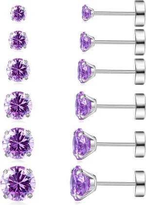 6 Pairs Hypoallergenic Surgical Steel Threaded Ear Studs for Cartilage, Helix, Lobe | Cubic Zirconia Flat Back Earrings for Women | Minimalist Everyday Jewelry Gifts
