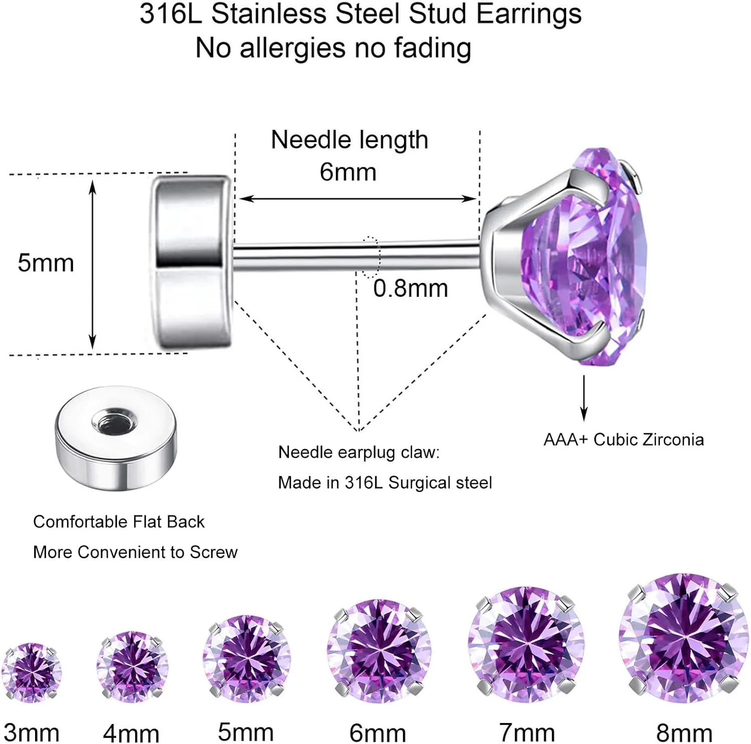 6 Pairs Hypoallergenic Surgical Steel Threaded Ear Studs for Cartilage, Helix, Lobe | Cubic Zirconia Flat Back Earrings for Women | Minimalist Everyday Jewelry Gifts