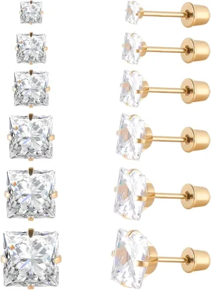 6 Pairs Surgical Stainless Steel Screw back Stud Earrings, 18K Gold Plated Heart Star Square Princess Cut Round Cubic Zirconia CZ Stud Earrings Set