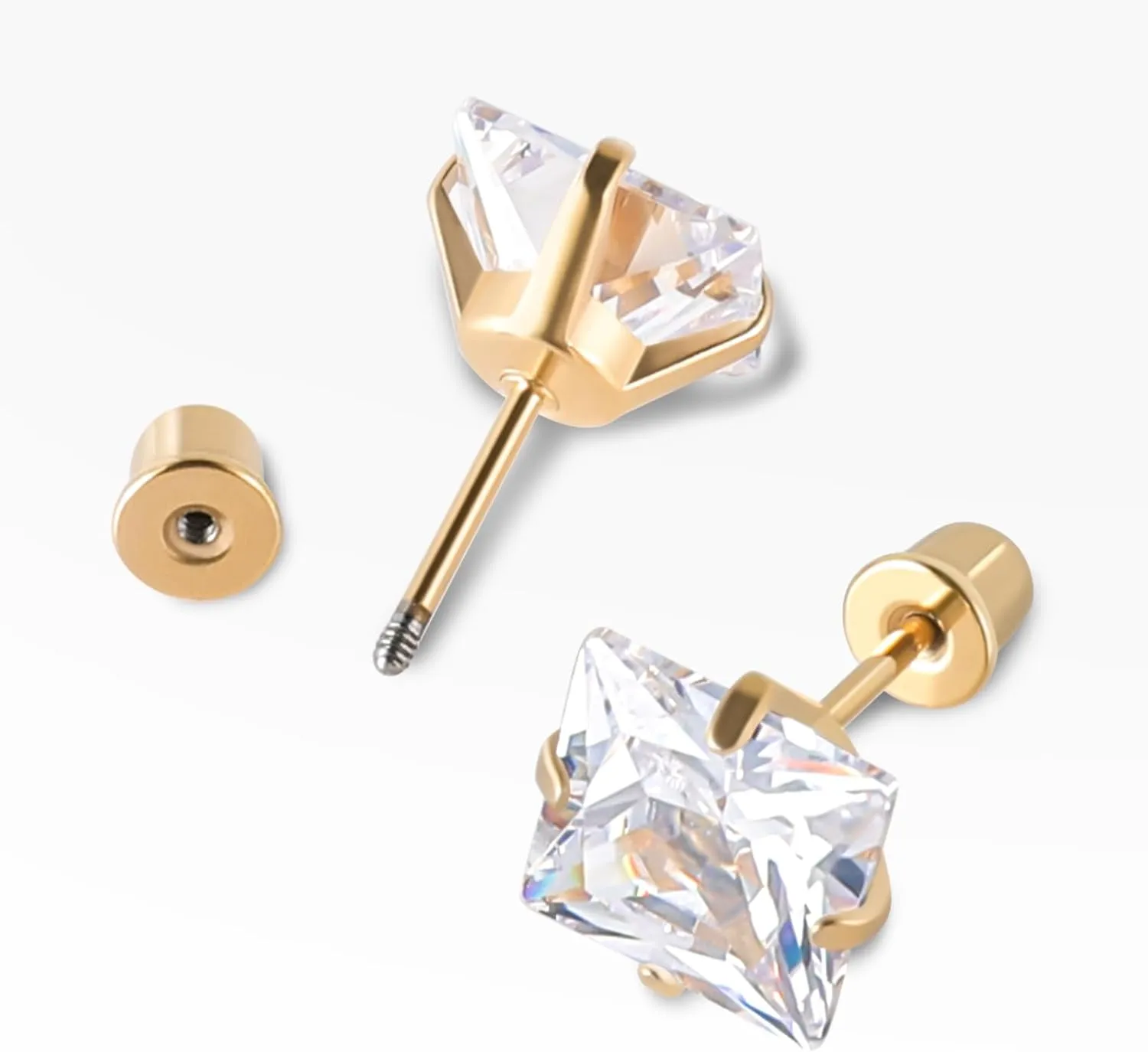 6 Pairs Surgical Stainless Steel Screw back Stud Earrings, 18K Gold Plated Heart Star Square Princess Cut Round Cubic Zirconia CZ Stud Earrings Set