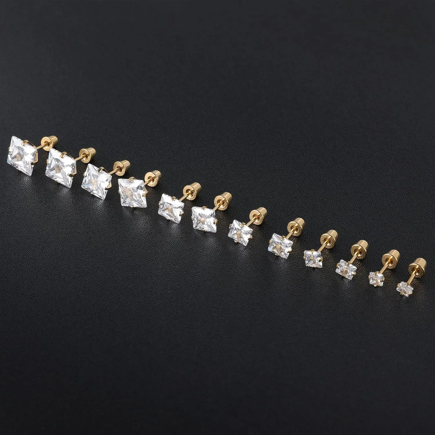6 Pairs Surgical Stainless Steel Screw back Stud Earrings, 18K Gold Plated Heart Star Square Princess Cut Round Cubic Zirconia CZ Stud Earrings Set