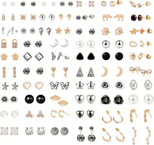 63 Pairs Stud Earrings Set for Women Hypoallergenic Assorted Earrings Moon Lock Stars Faux Pearl Jewelry for Any Occasion