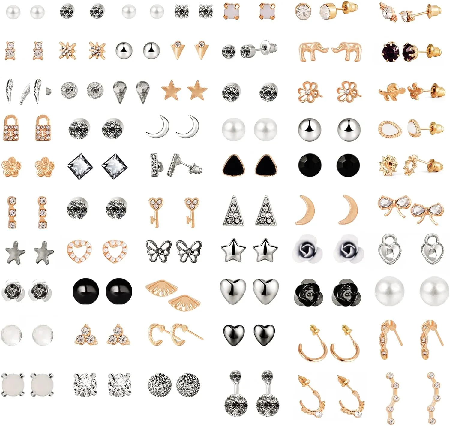 63 Pairs Stud Earrings Set for Women Hypoallergenic Assorted Earrings Moon Lock Stars Faux Pearl Jewelry for Any Occasion