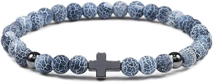 6mm 8mm Women Men Prayer Beaded Bracelet Hematite Cross Natural Wood Beads Lava Stone Onyx Meditation Bracelets Yoga Jewelry RK69I (6mm Black weathered)