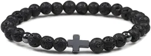 6mm 8mm Women Men Prayer Beaded Bracelet Hematite Cross Natural Wood Beads Lava Stone Onyx Meditation Bracelets Yoga Jewelry RK69I (6mm Lava stone)