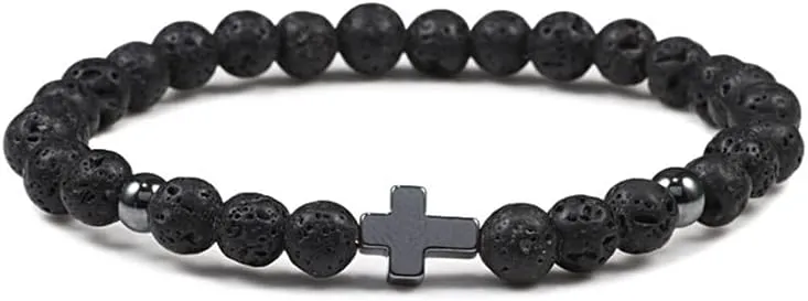 6mm 8mm Women Men Prayer Beaded Bracelet Hematite Cross Natural Wood Beads Lava Stone Onyx Meditation Bracelets Yoga Jewelry RK69I (6mm Lava stone)