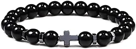 6mm 8mm Women Men Prayer Beaded Bracelet Hematite Cross Natural Wood Beads Lava Stone Onyx Meditation Bracelets Yoga Jewelry RK69I (8mm Black light)