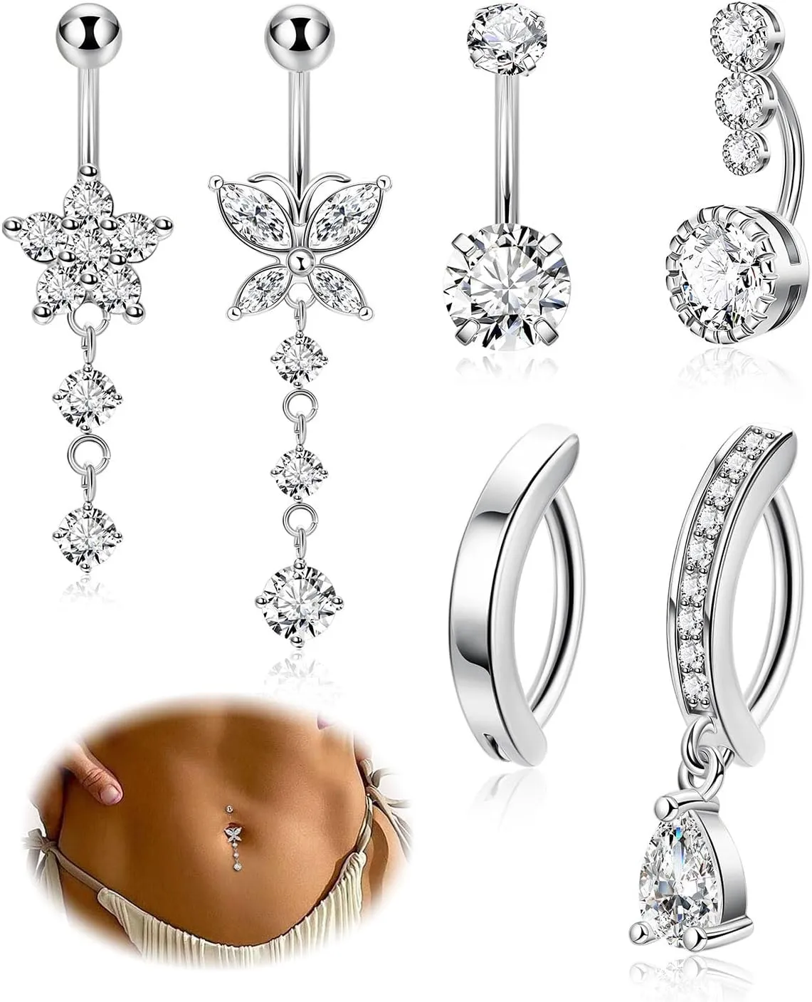 6PCS 14K Gold Plated Belly Button Rings for Women 14G Dangle Belly Rings Clicker CZ Dangling Navel Rings Curved Barbell Belly Piercing Jewelry