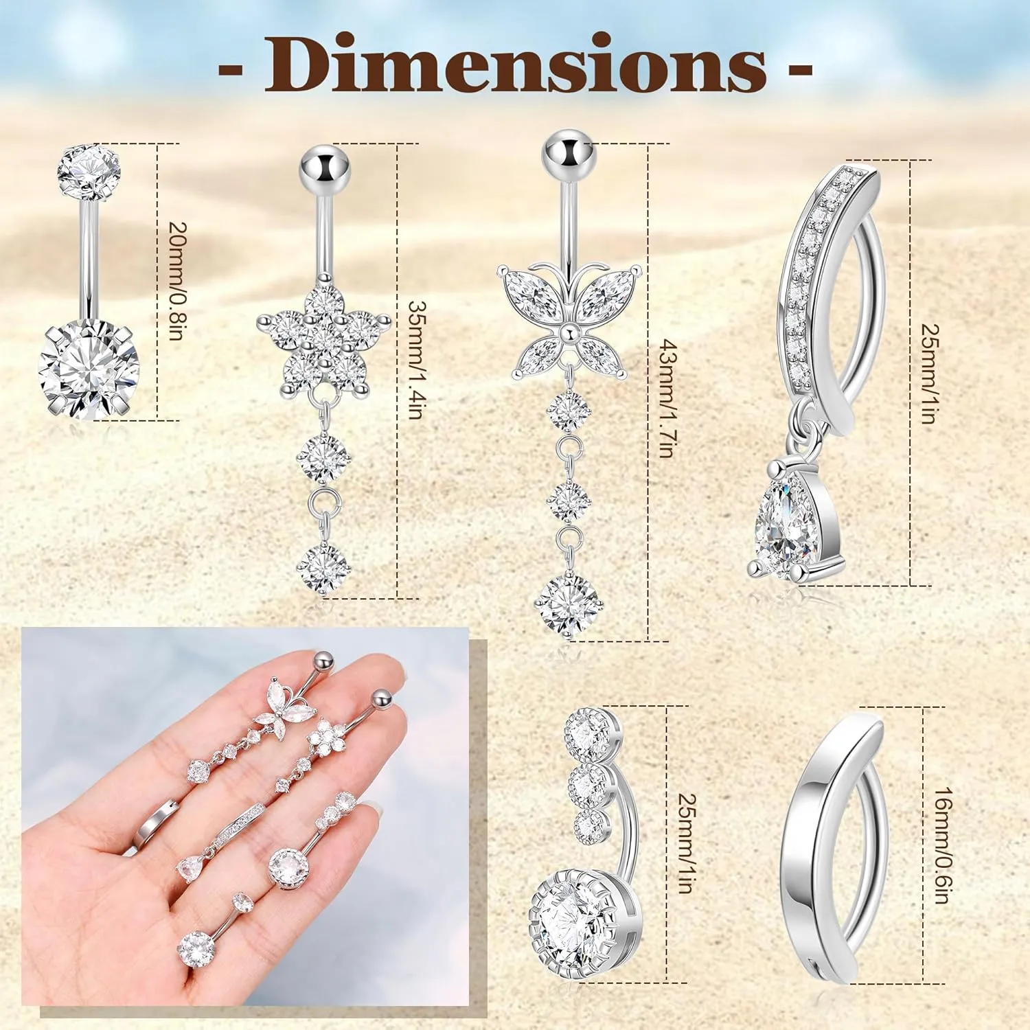 6PCS 14K Gold Plated Belly Button Rings for Women 14G Dangle Belly Rings Clicker CZ Dangling Navel Rings Curved Barbell Belly Piercing Jewelry