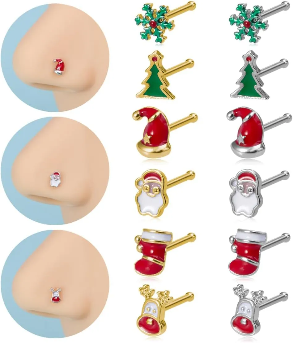 6Pcs 20G Christmas Elements Nose Rings Studs for Women Stainless Steel Straight Post Nose Rings Cute Santa Claus Elk Christmas Tree Nose Nostril Piercing Jewelry