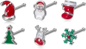 6Pcs 20G Christmas Elements Nose Rings Studs for Women Stainless Steel Straight Post Nose Rings Cute Santa Claus Elk Christmas Tree Nose Nostril Piercing Jewelry