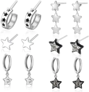 6pcs Silver Star Earrings for Women,Star Earrings Studs Dangle Earrings Huggie Hoop Earrings Dainty Earrings Sets,Hypoallergenic Cartilage Earrings Stacks Earring Sets for Multiple Piercing