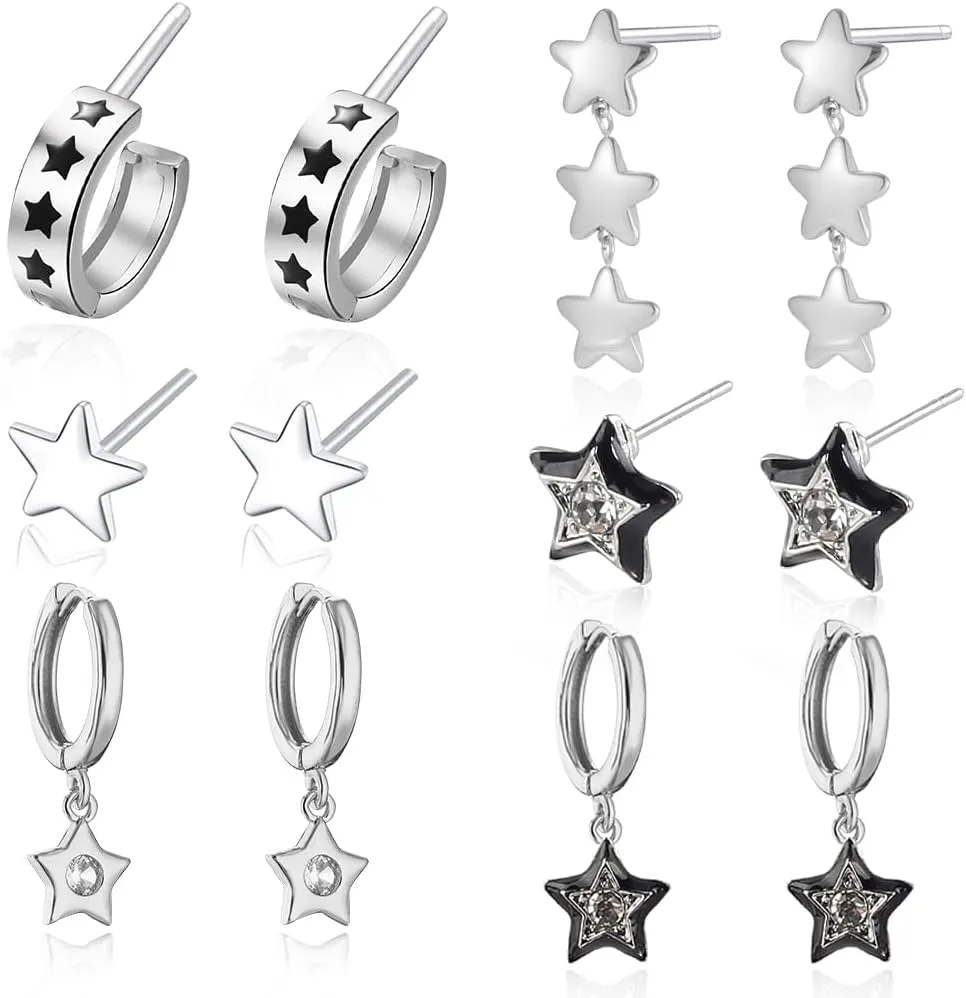 6pcs Silver Star Earrings for Women,Star Earrings Studs Dangle Earrings Huggie Hoop Earrings Dainty Earrings Sets,Hypoallergenic Cartilage Earrings Stacks Earring Sets for Multiple Piercing