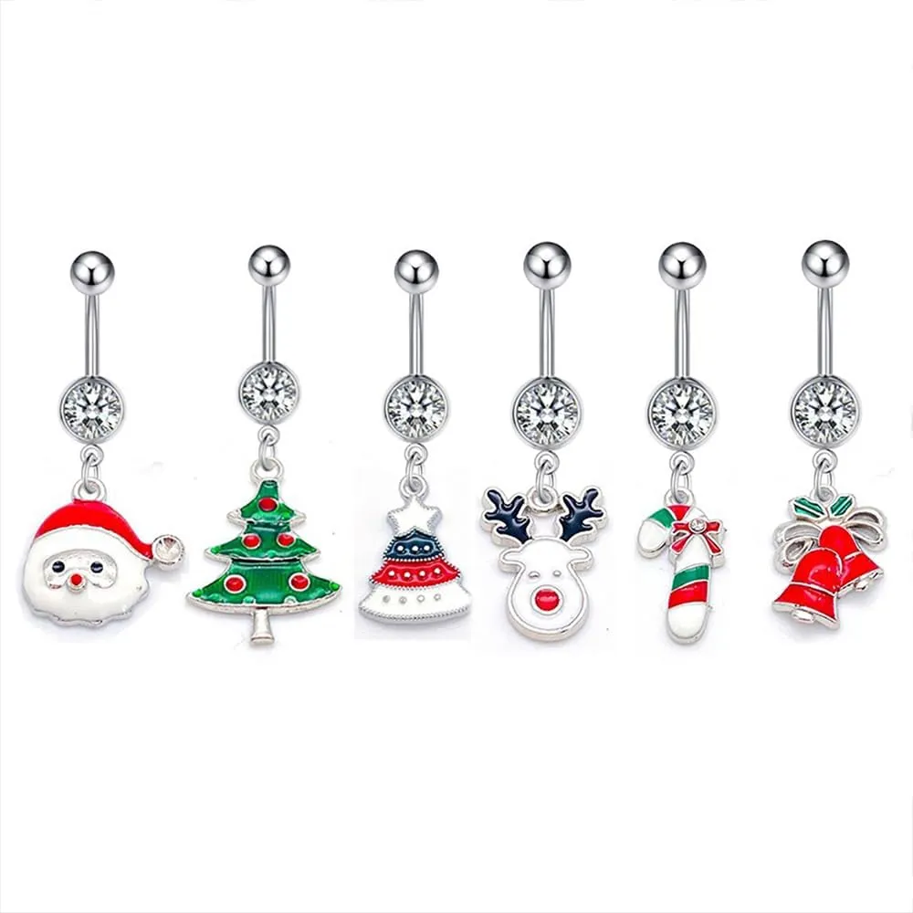 6Pcs Stainless Steel Christmas Elements Dangle Belly Button Rings for Women 14G Santa Claus Christmas Tree Belly Navel Cuved Barbell Body Piercing Jewelry for Christmas Party