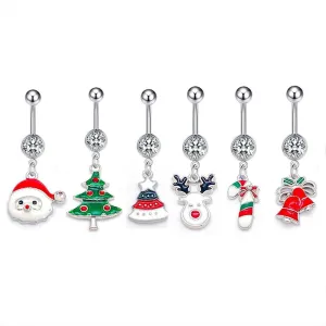 6Pcs Stainless Steel Christmas Elements Dangle Belly Button Rings for Women 14G Santa Claus Christmas Tree Belly Navel Cuved Barbell Body Piercing Jewelry for Christmas Party