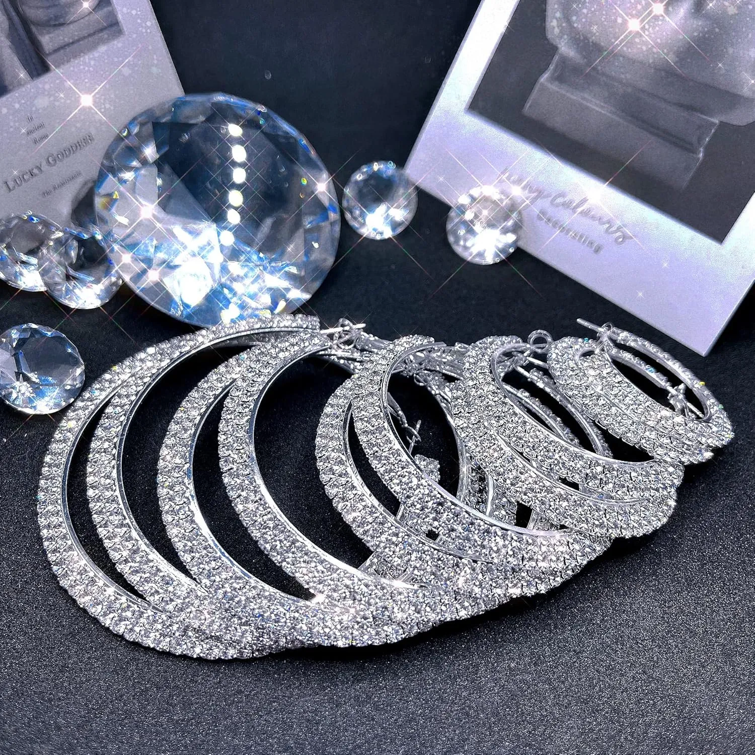 7 Pairs Gold Silver Large Rhinestone Hoop Earrings Set Big Sparkly 3-10cm Round Hoops Earrings Jewelry for Party Gift Wedding Date