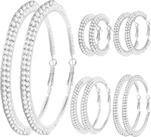 7 Pairs Gold Silver Large Rhinestone Hoop Earrings Set Big Sparkly 3-10cm Round Hoops Earrings Jewelry for Party Gift Wedding Date