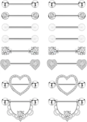 8 Pairs 14G 316L Stainless Steel Nipple Rings for Women Heart-Shape Nipple Rings CZ Barbell Nipplerings Piercing Jewelry