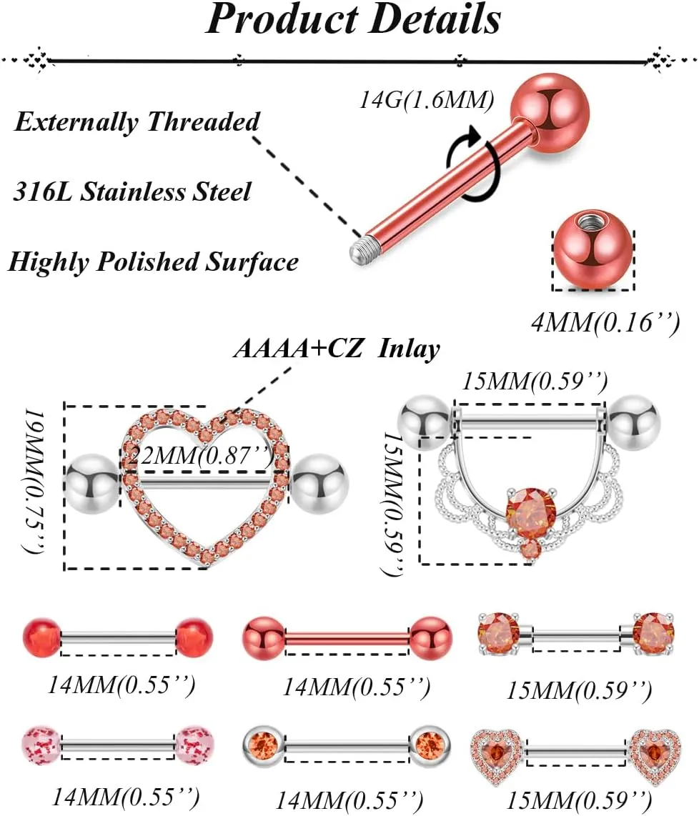 8 Pairs 14G 316L Stainless Steel Nipple Rings for Women Heart-Shape Nipple Rings CZ Barbell Nipplerings Piercing Jewelry