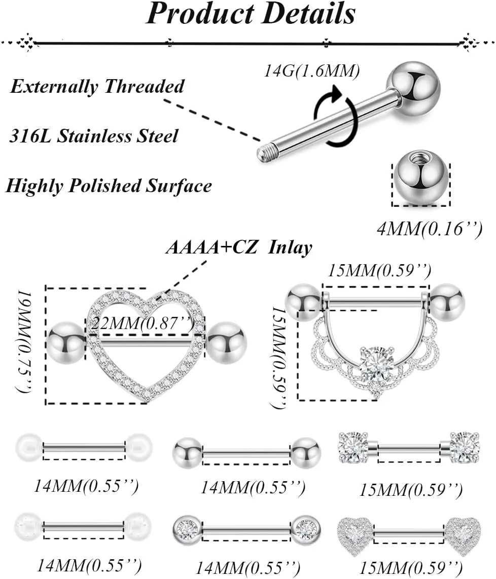 8 Pairs 14G 316L Stainless Steel Nipple Rings for Women Heart-Shape Nipple Rings CZ Barbell Nipplerings Piercing Jewelry